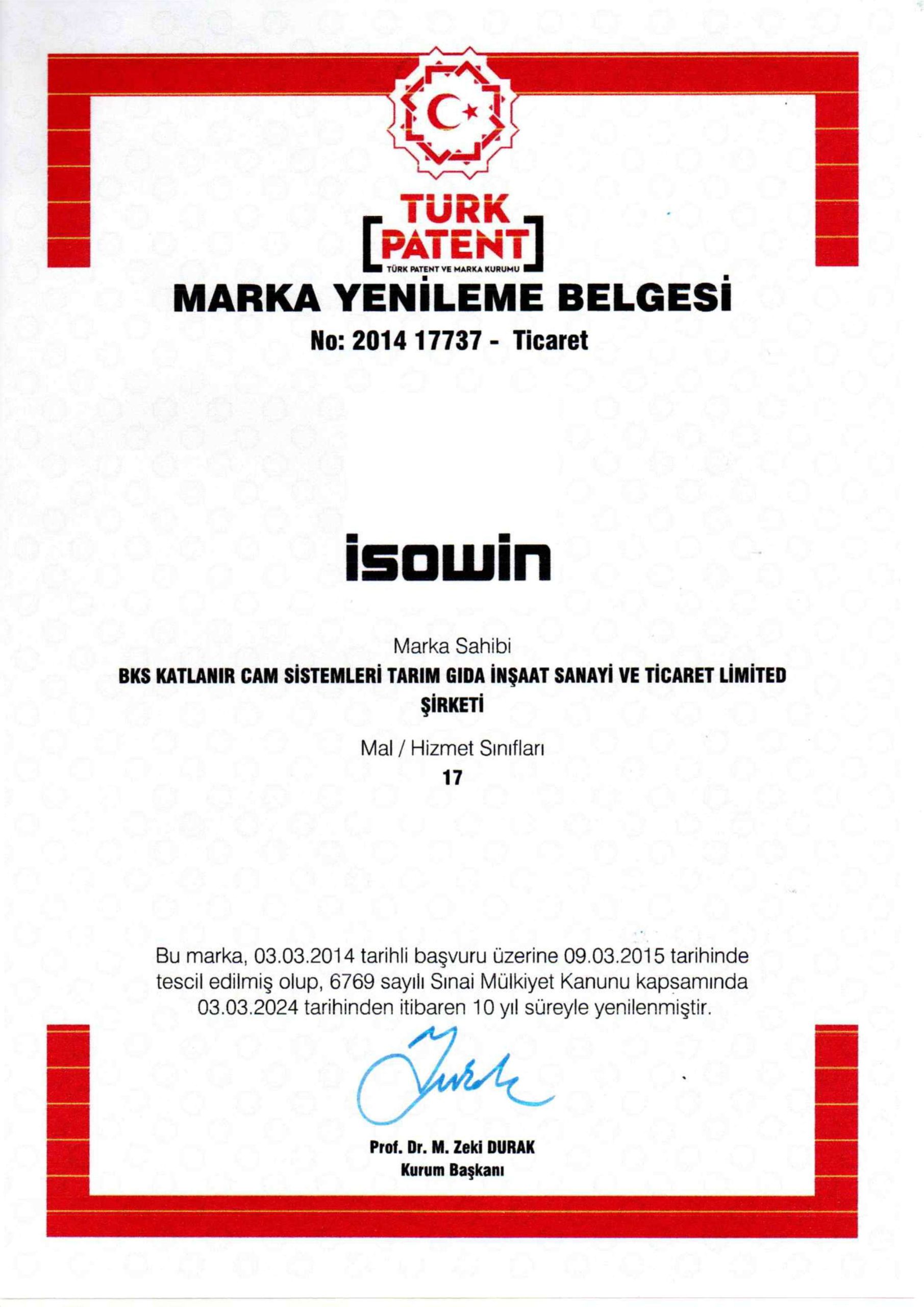 ISOWIN Marka Yenileme Belgesi
